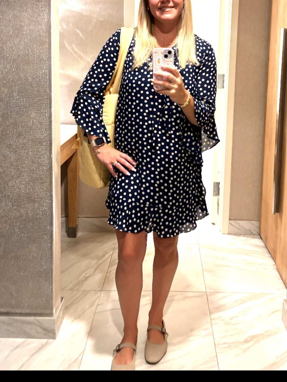 Max Studio Navy and White Polka Dot V-Neck Ruffle Sleeve Tunic